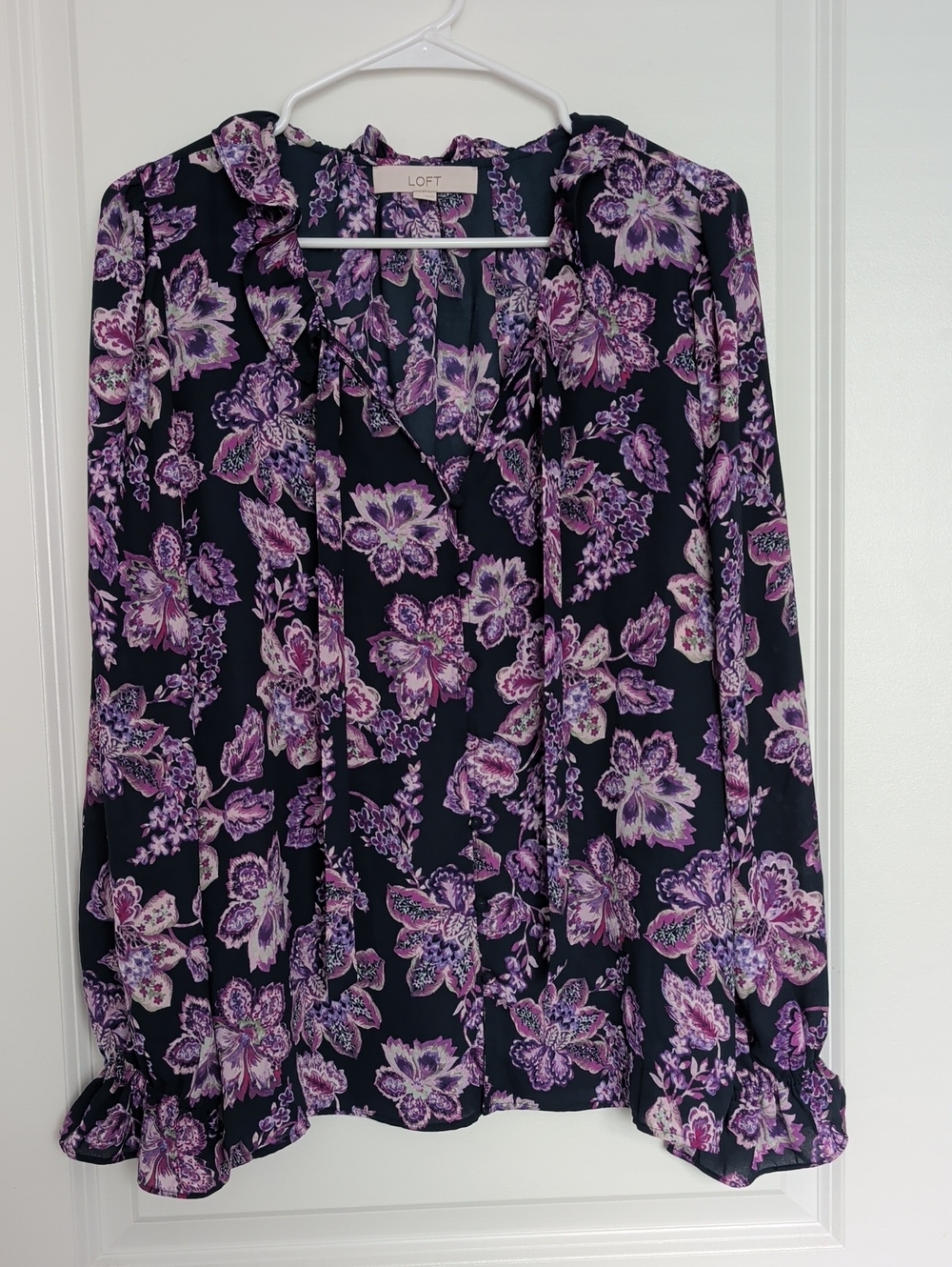 LOFT Navy Blouse with Purple Floral Tie-Neck